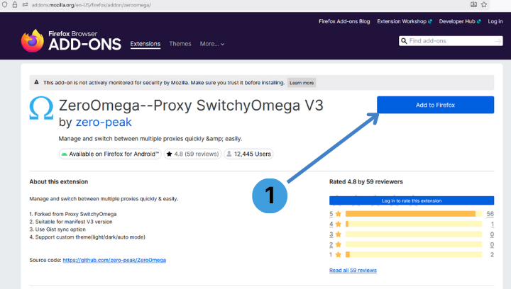 On the ZeroOmega page in Firefox Add-ons, click “Add to Firefox” to start installing the extension

