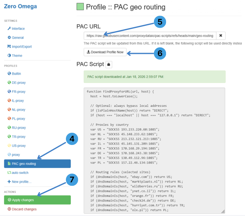 Open your new PAC profile in ZeroOmega, paste the PAC URL, then click “Apply changes” to activate it
